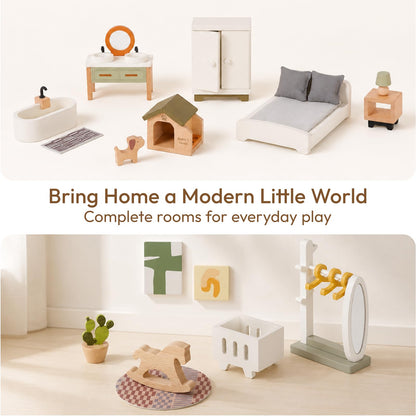 Giant bean 33 PCS Wooden Dollhouse Furniture Set, Modern Doll House Accessories with Bedroom, Kitchen, Bathroom, Nursery & Living Room, Montessori Pretend Play Toys for Kids Girls Boys Age 3+