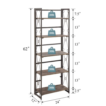 VECELO Folding Bookshelf, 5-Tier Bookcase Foldable, Industrial Tall Book Shelf Storage Organizer with Collapsible Metal Frame for Living Room/Home Office,Rustic Brown,1 Set