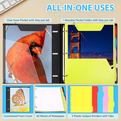 WOT I 2-Pack Telescoping 3 Ring Binder Notebooks - Customizable Cover, 5 Dividers & Pocket Folder in One Slim Organizer (60 Sheets Included), Black