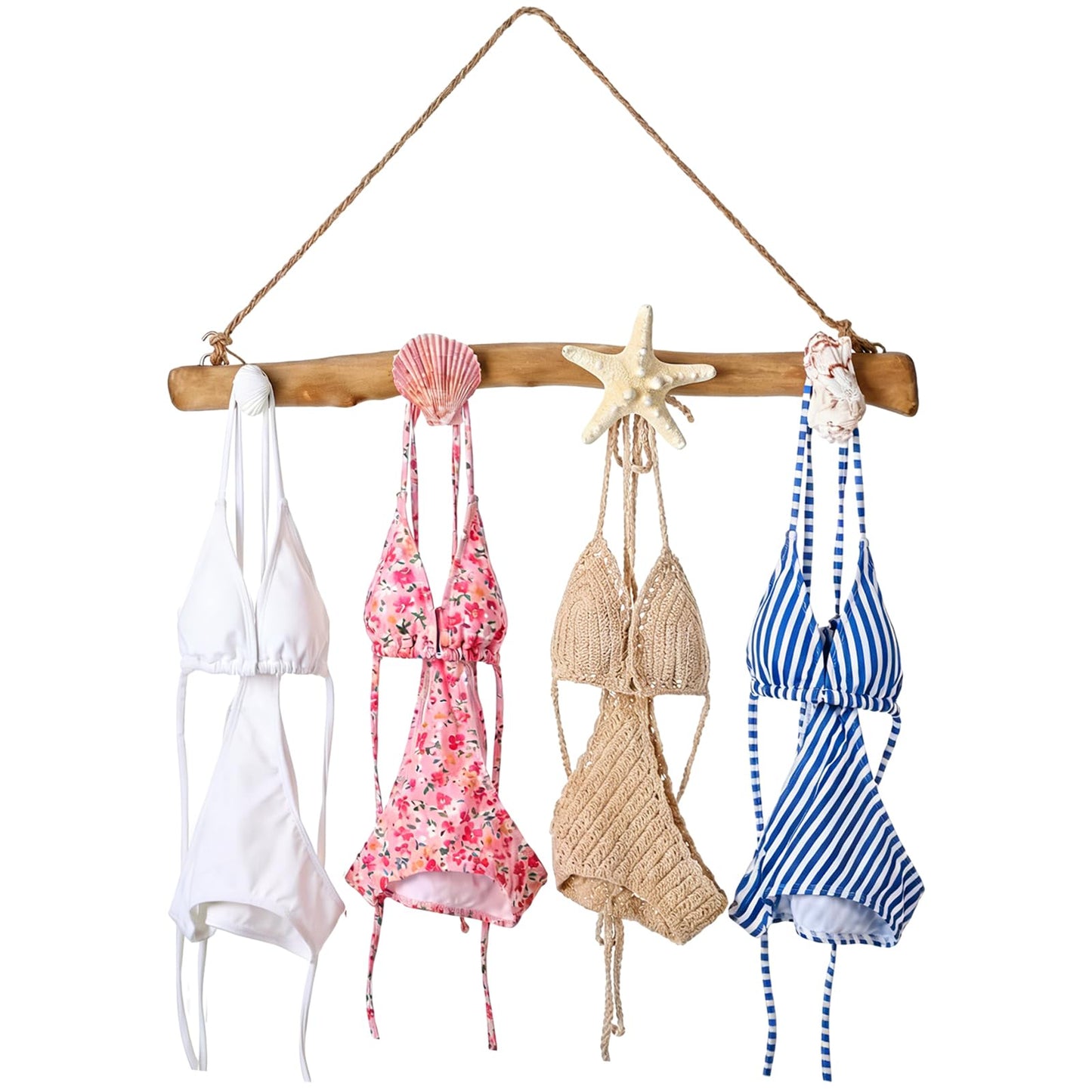 Gerrii 16 Inch Seashell Bikini Rack Driftwood Wall Mounted Hook Swimsuit Organizer Coastal Wooden Coat Rack for Summer Ocean Theme Beach Bathroom House Decor Swimming Pool(Classic)