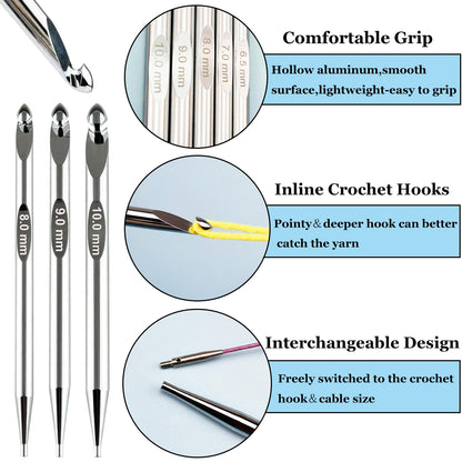 Hobekoee Tunisian Crochet Hooks Set with Cable,12 Size Aluminium Interchangeable Crochet Hook Set Inline Crochet Hooks Afghan Crochet Needles 3mm-10mm