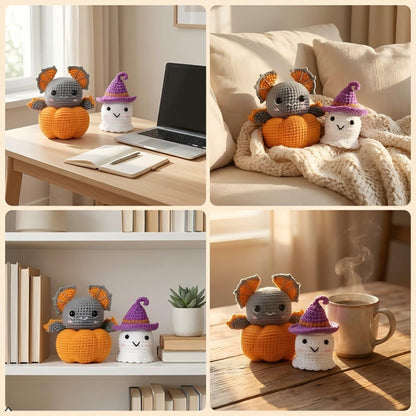 RongsiShun Halloween Crochet Kit for Beginners, Pumpkin and Ghost Amigurumi Set with Step-by-Step Video Tutorials, Extra Yarn & Hook, DIY Craft Gift for Adults Teens Kids