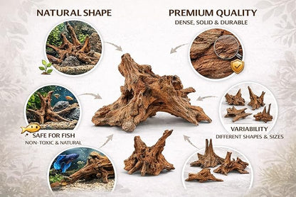 Azil Natural Driftwood 6'' - 8''(3pcs) Perfect Aquarium Decoration! Ideal for Fish Tanks, Freshwater Aquariums, terrariums, aquascaping, hardscaping,Aquatic Plants.