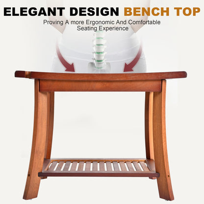 Jekruiet Teak Shower Chair Stool, 24" Shower Bench Seat, Wooden Bathroom Bench with Storage Shelf for Indoor & Outdoor Use