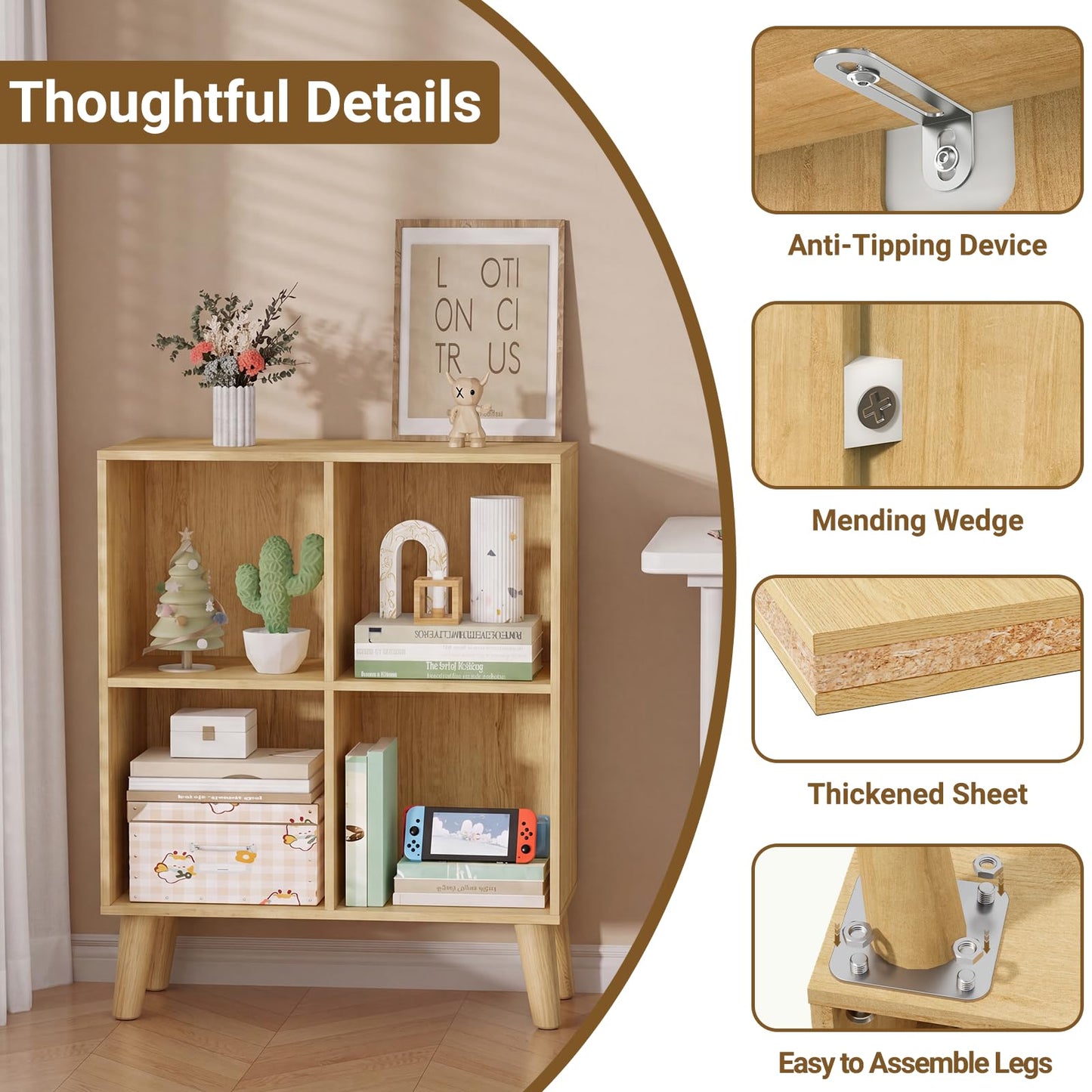 VAFHYLLIS 4 Cube Storage Organizer with Legs, 2 Tier Cube Low Bookcase Freestanding Storage Display Organizer for Home Office, Four-Cubes Open Shelf Short Bookshelf (Natural Oak, 4 Cube)