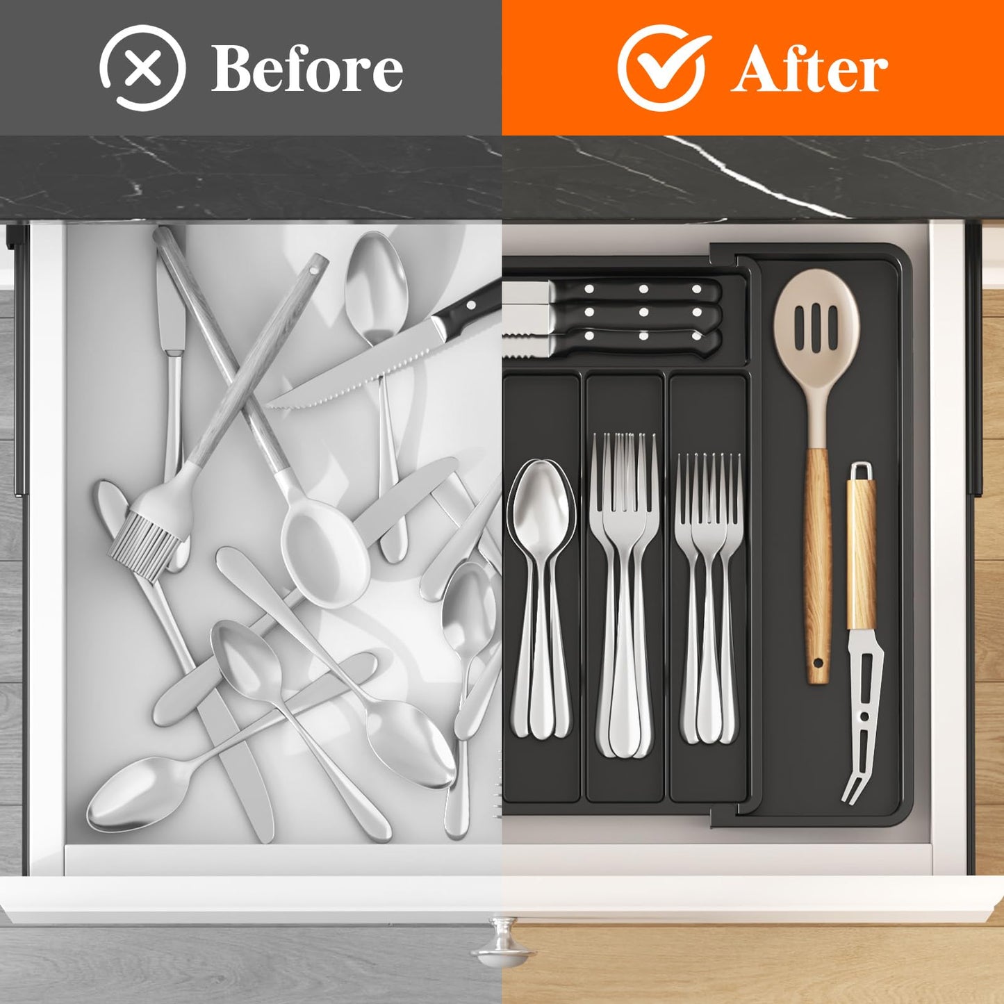 Lifewit Silverware Drawer Organizer, Expandable Utensil Tray for Kitchen, BPA Free Flatware and Cutlery Holder, Adjustable Plastic Storage for Spoons Forks Knives, 8.5"-14.1" x 12.1", Black