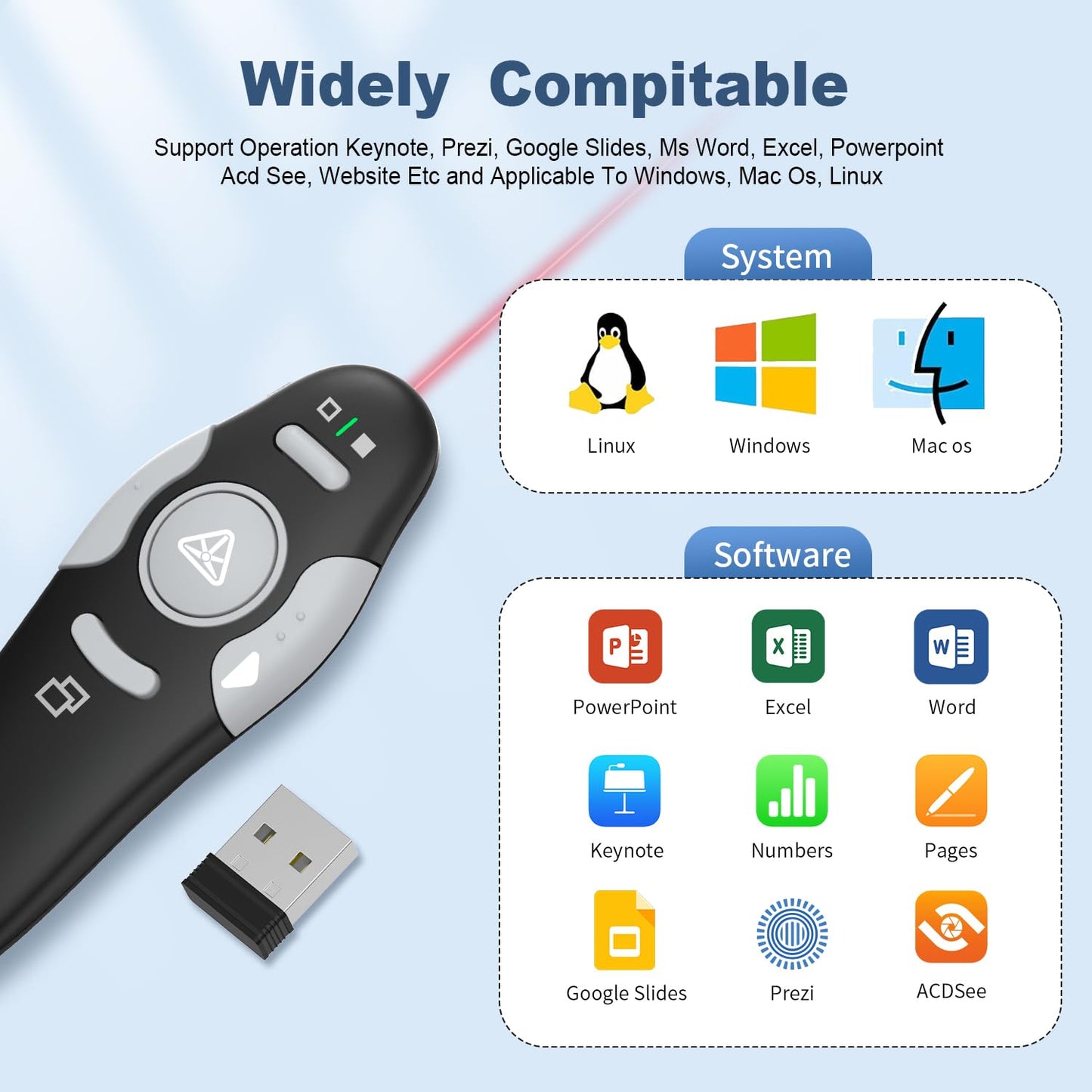 QUI Presentation Clicker Wireless Presenter Remote Clicker for PowerPoint Presentations, Wireless USB Presenter Slide Advancer for Mac, Keynote, Computer, Laptop
