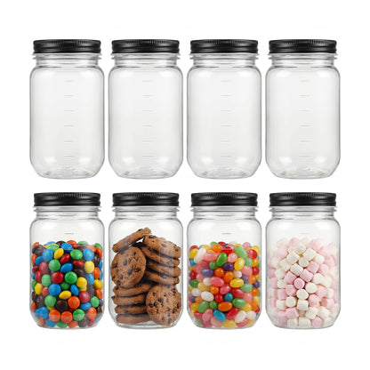 novelinks 16 oz Plastic Mason Jars with Lids, Refillable Clear Plastic Jars with Lids 16oz & Reusable Empty Storage Containers with Lids (Black,8 Pack)