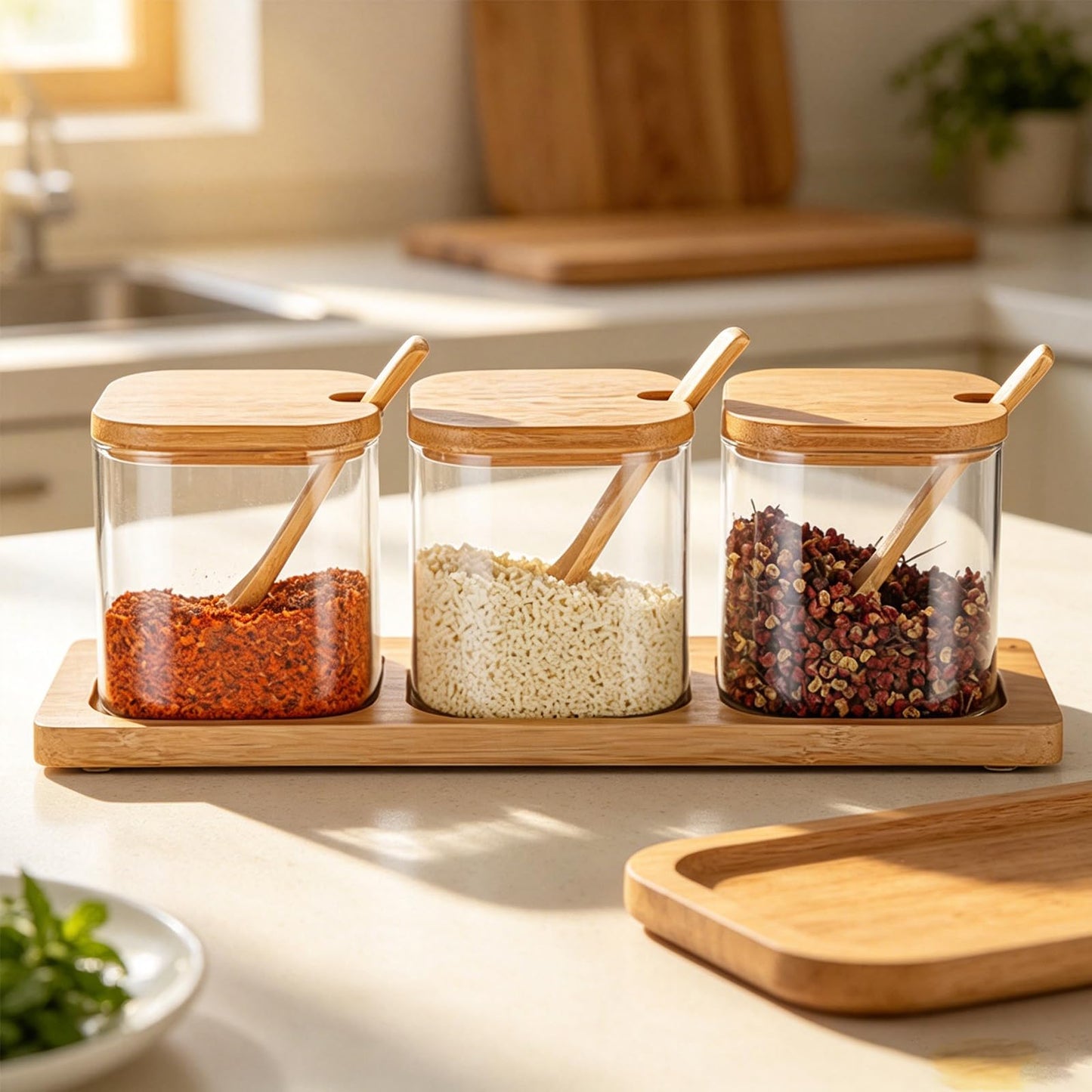 Garkup Bamboo Spice Jar Set with Wooden Lids and Spoons, Glass Condiment Containers with Serving Tray, Kitchen Storage Organizer for Seasonings, 3-Piece (Light Brown, 6P Middle)