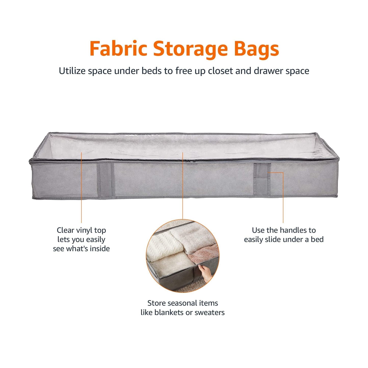 Amazon Basics Under Bed Fabric Zipper Blanket Storage Container Bags with Window and Handles, 2-Pack, 18 x 42 x 6 inches, Gray