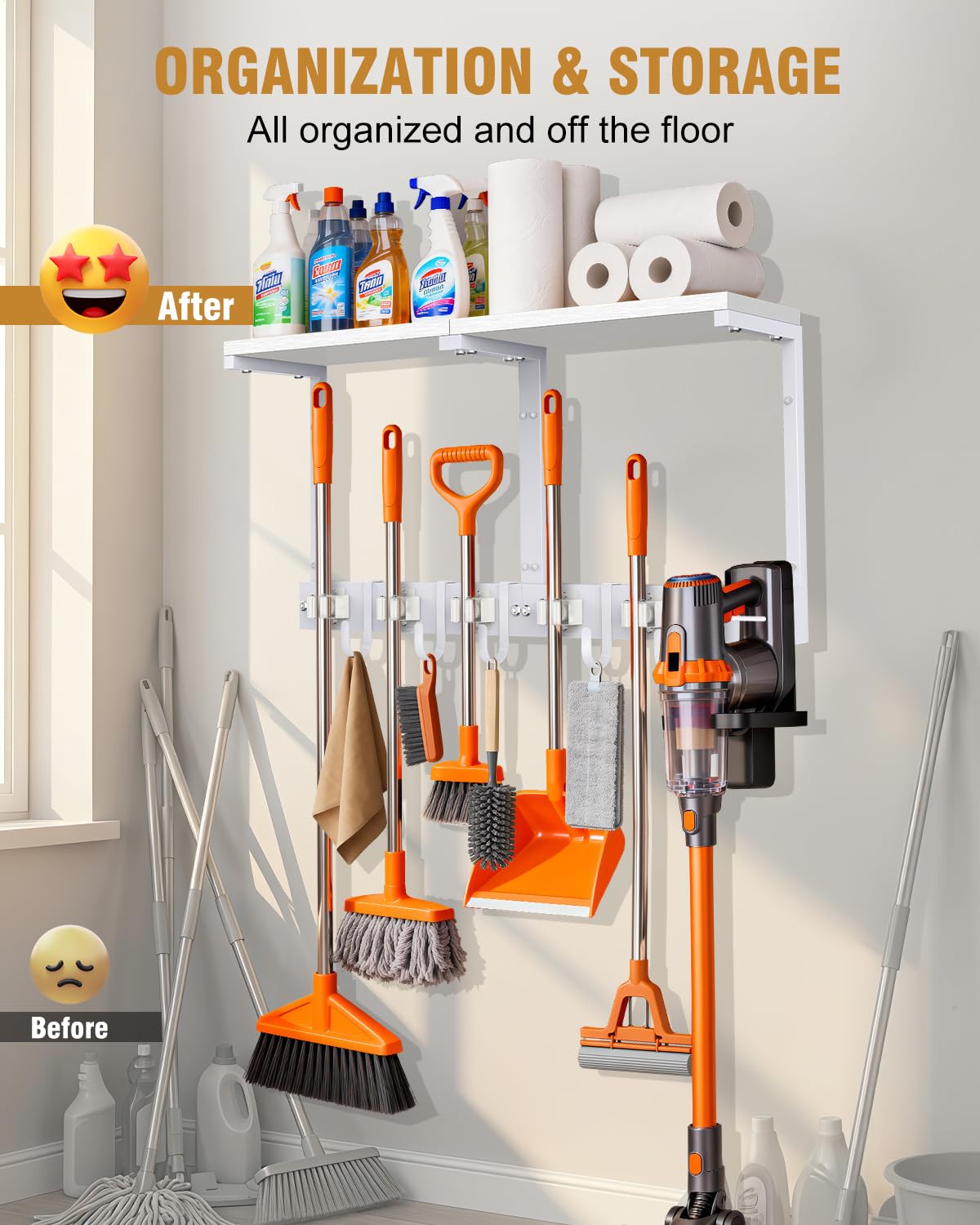 Broom Holder Wall Mount with Top Wooden Shelf, Heavy Duty Metal Cleaning Supplies Broom Hanger with Vacuum Organizer and 5 Slots & 5 Hooks for Laundry Garage Tool Storage Kitchen (Large, White)