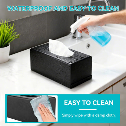 Wood Grain Tissue Box Cover with Easy Refill Slide Out Bottom, Modern Black Decorative Wooden Tissue Box Cover Rectangle Refillable Bathroom Facial Napkin Tissuebox Cover Holder (Black)