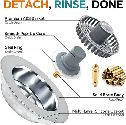 Solid Brass Body 3-in-1 Kitchen Sink Drain Strainer & Stopper, Heavy Duty Pop