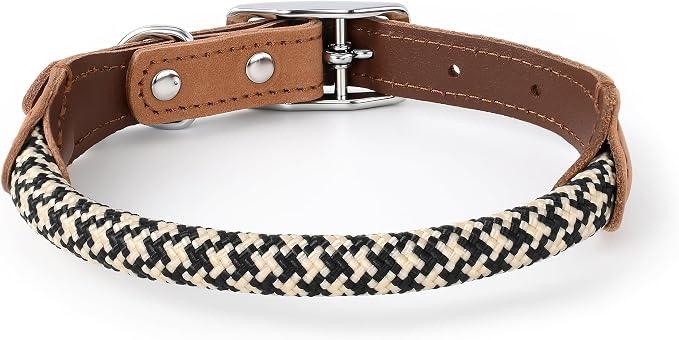 Mile High Life Genuine Leather Dog Collar, Durable Braided Cotton Rope Collar with Metal Pin Buckle for Small Medium Large Dogs (Black Khaki, S Neck 11"-15")