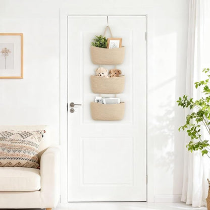 Dahey Over The Door Hanging Basket 3-Tier Woven Boho Wall Mounted Storage