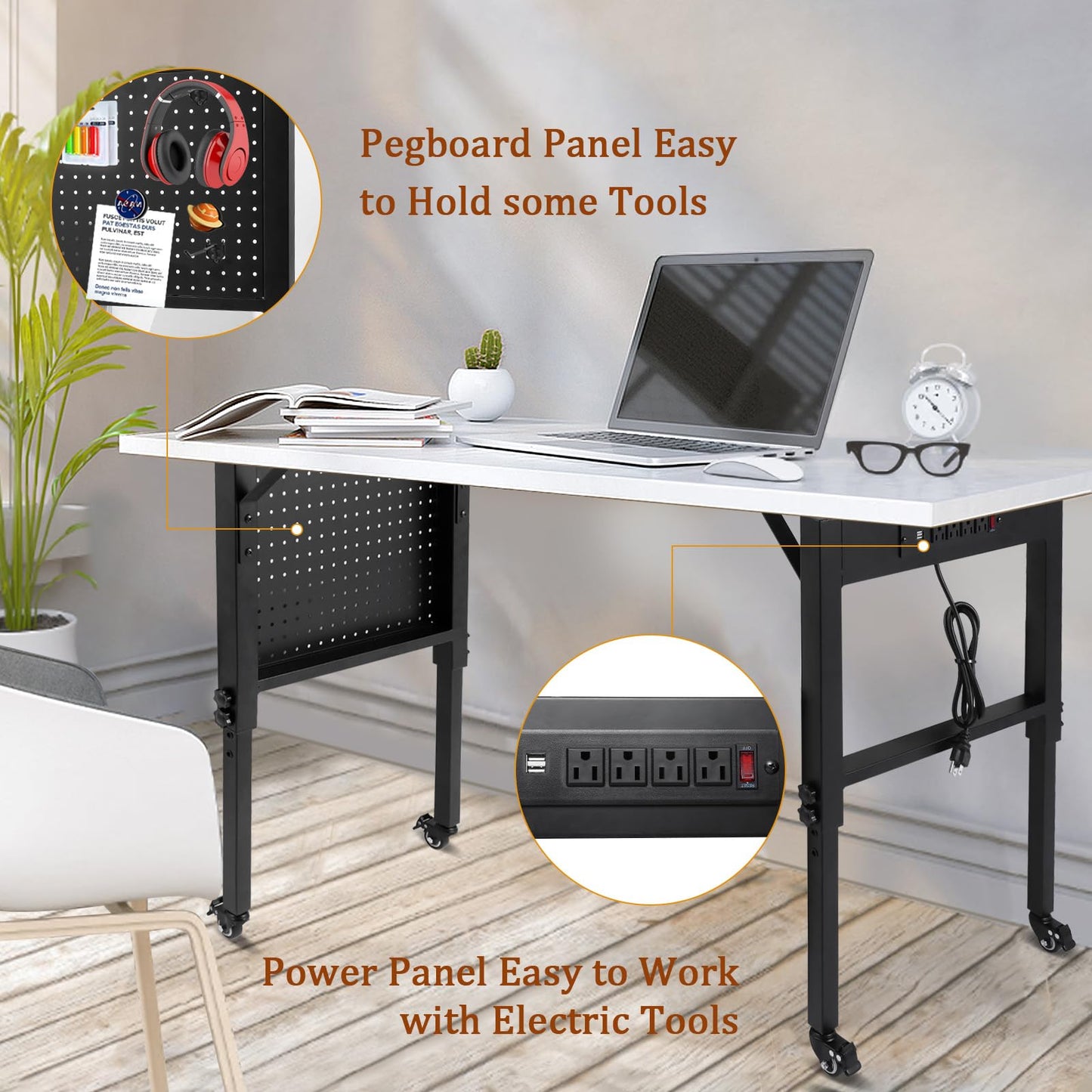 Adjustable Height Workbench Legs with 4 Metal Wheels, Sturdy Industrial Furniture Table Legs with one Pegboard Panel, Perfect for Rolling Work Table and Work Bench