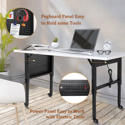 Adjustable Height Workbench Legs with 4 Metal Wheels, Sturdy Industrial Furniture Table Legs with one Pegboard Panel, Perfect for Rolling Work Table and Work Bench