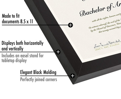 Americanflat 8.5x11 Diploma Frame with Shatter-Resistant Glass - Document Frames with Engineered Wood - Legacy Collection - Certificate Frame for Tabletop and Wall Display - Black