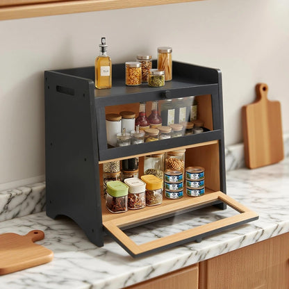 RisUni Double Layer Bamboo Bread Box for Countertop - Large Black Kitchen Storage (15.7x11.2x14.4 Inch) with Clear Window & Breathable Magnetic Closure