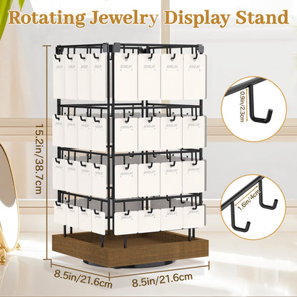 MODOWEY 360 Rotating Earring Cards Organizer Holder Stands for Selling Vendors, 64 Hooks Jewelry Display Tree, Large Capacity Storage Wood Rack Tower Women Dresser Stud Pierced, Brown