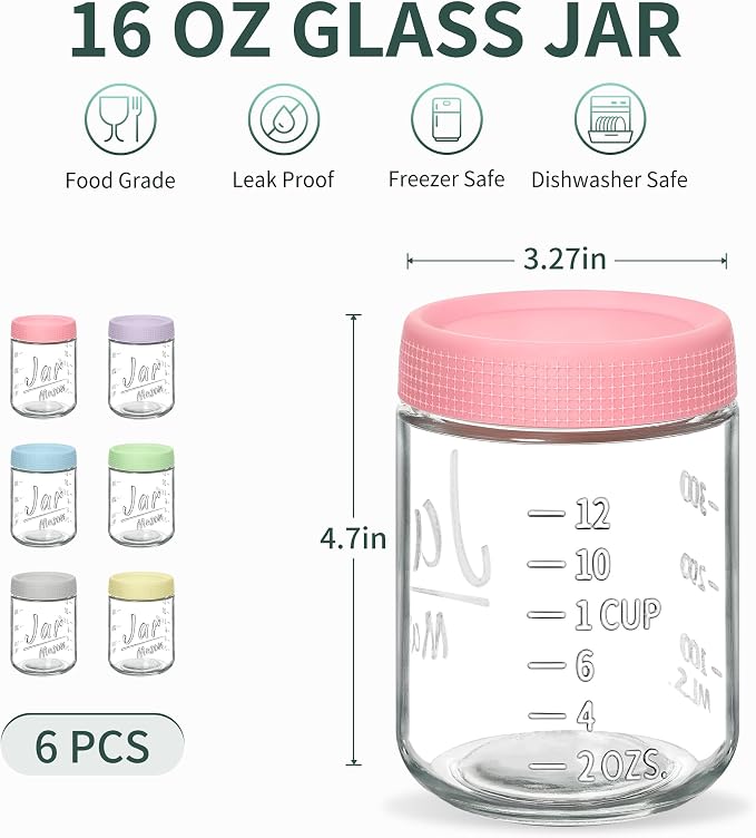 Xyptorix 6-Pack 16oz Overnight Oats Containers with Airtight Lids - Glass Mason Jars with Measurement Marks for Yogurt, Meal Prep & Chia Pudding, Stackable & Leakproof