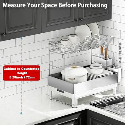 Ewaiira Dish Drying Rack, 2 Tier Large Dish Rack, Stainless Steel Dish Drainer for Kitchen Counter, Dishes Rack with Automatic Drainage, Utensil Holder&Cups Holder,Space Saving Kitchen Organizer,White