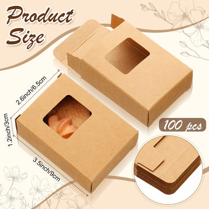 Outus 100 Pcs Soap Packaging Boxes Bulk Soap Boxes for Homemade with Window Mini Kraft Paper Container Homemade Craft Making Gift Wrappers for Cookies Candy, 3.5 x 2.6 x 1.2 Inch (Brown)