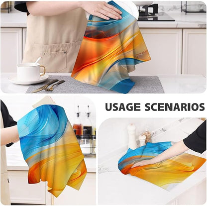 Orange Blue Kitchen Dish Towels Set of 4, Soft Absorbent Marble Decorative Tea