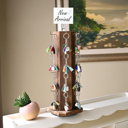 Ikee Design Free Assemble 24 Hooks Wood Hexagon 6 Sided Rotating Jewelry Display Stand Tower for Earrings,Bracelets, Keychain Earring Display Stand for Selling, Showcase, Brown Color
