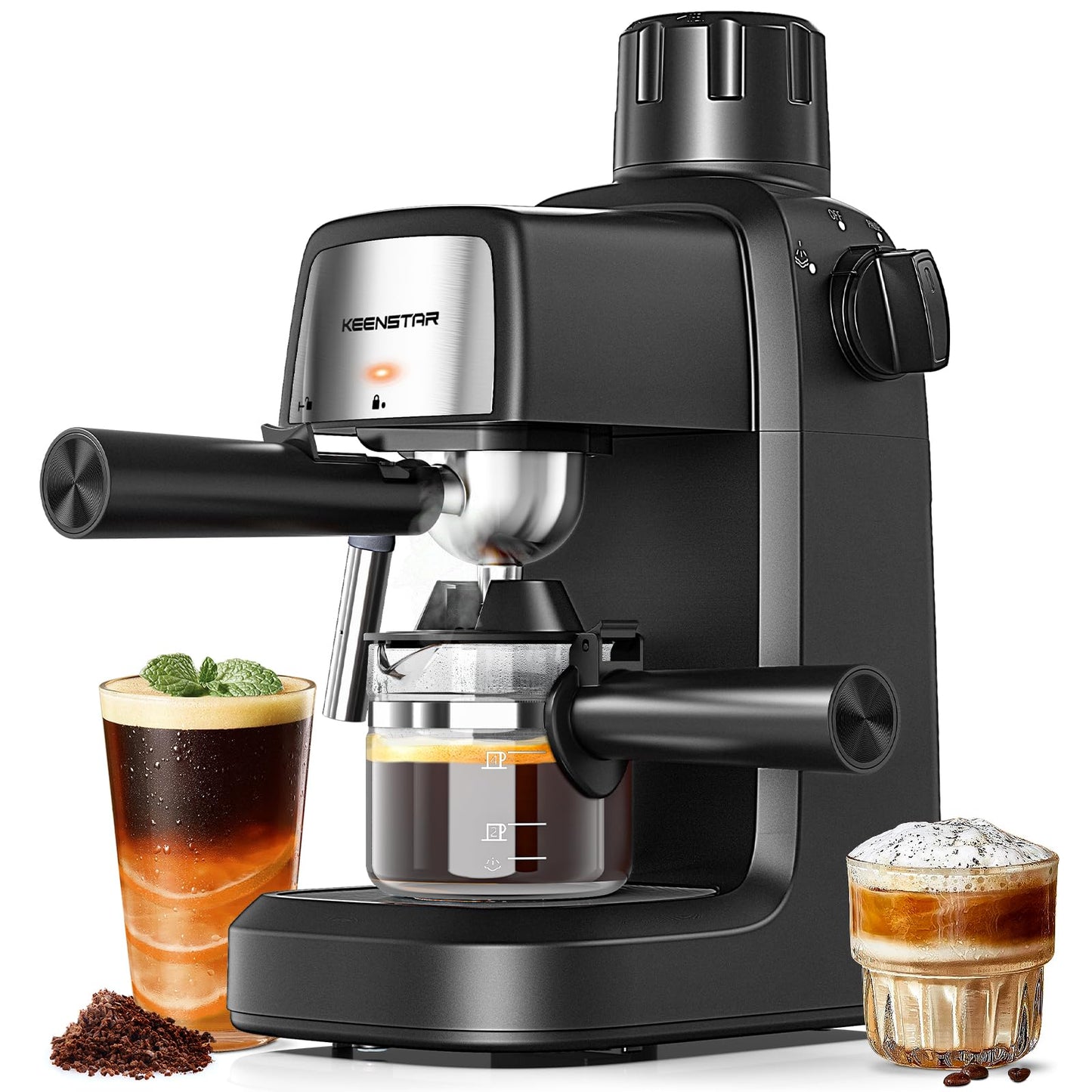 KEENSTAR 3.5Bar Espresso Machine with Milk Frother, 800W Compact Espresso and Cappuccino Machine with Preheating Function, 4 Cup Espresso Maker for Cappuccino or Latte, Gift for Coffee Lover