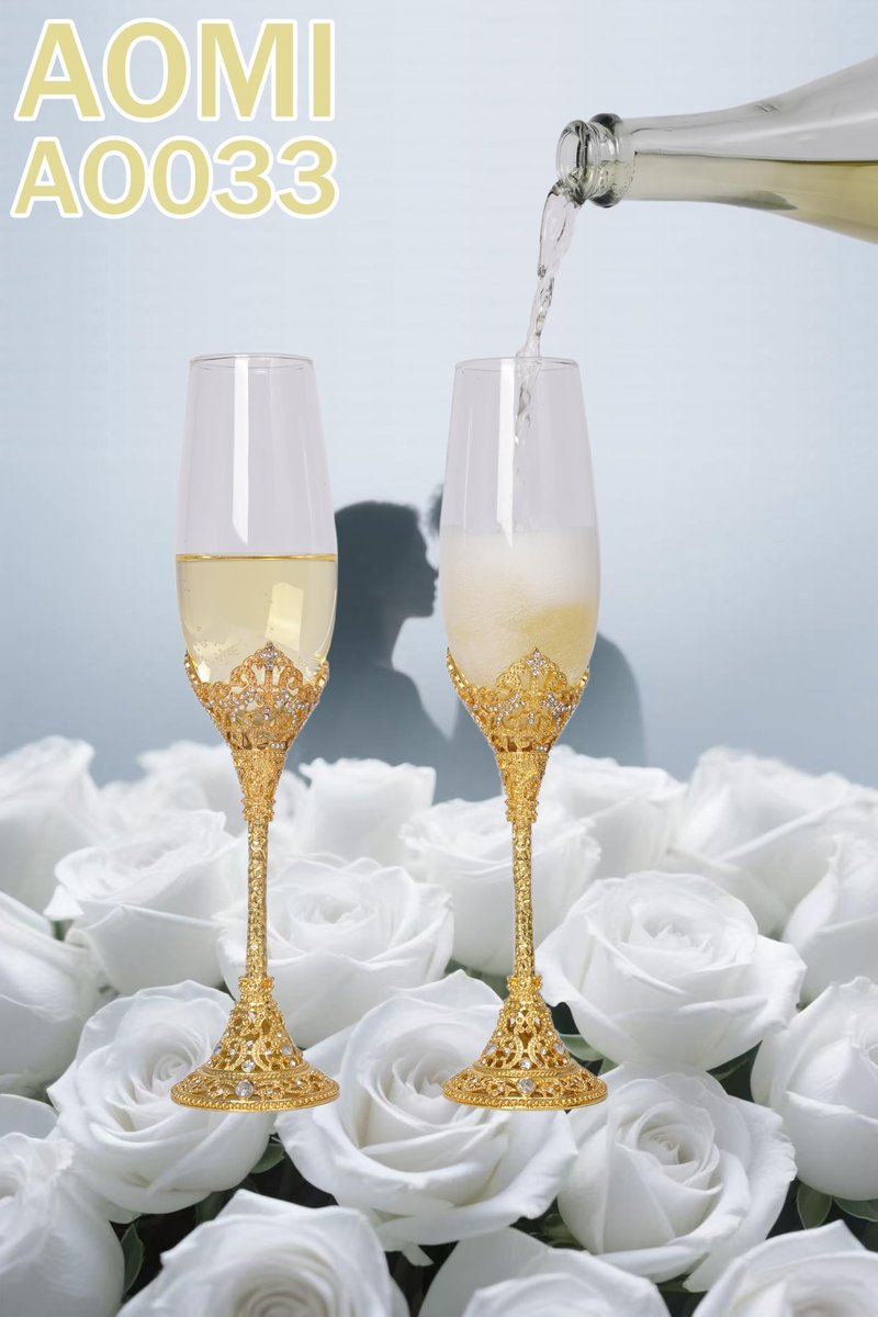 AOMI Wedding Champagne Flutes Toasting Glasses Luxurious Crystal- Gold 7oz Studded Champagne Glasses Set – Elegant Etched Flute Pair with Gift Box, Perfect for Weddings, Anniversaries & Celebrations