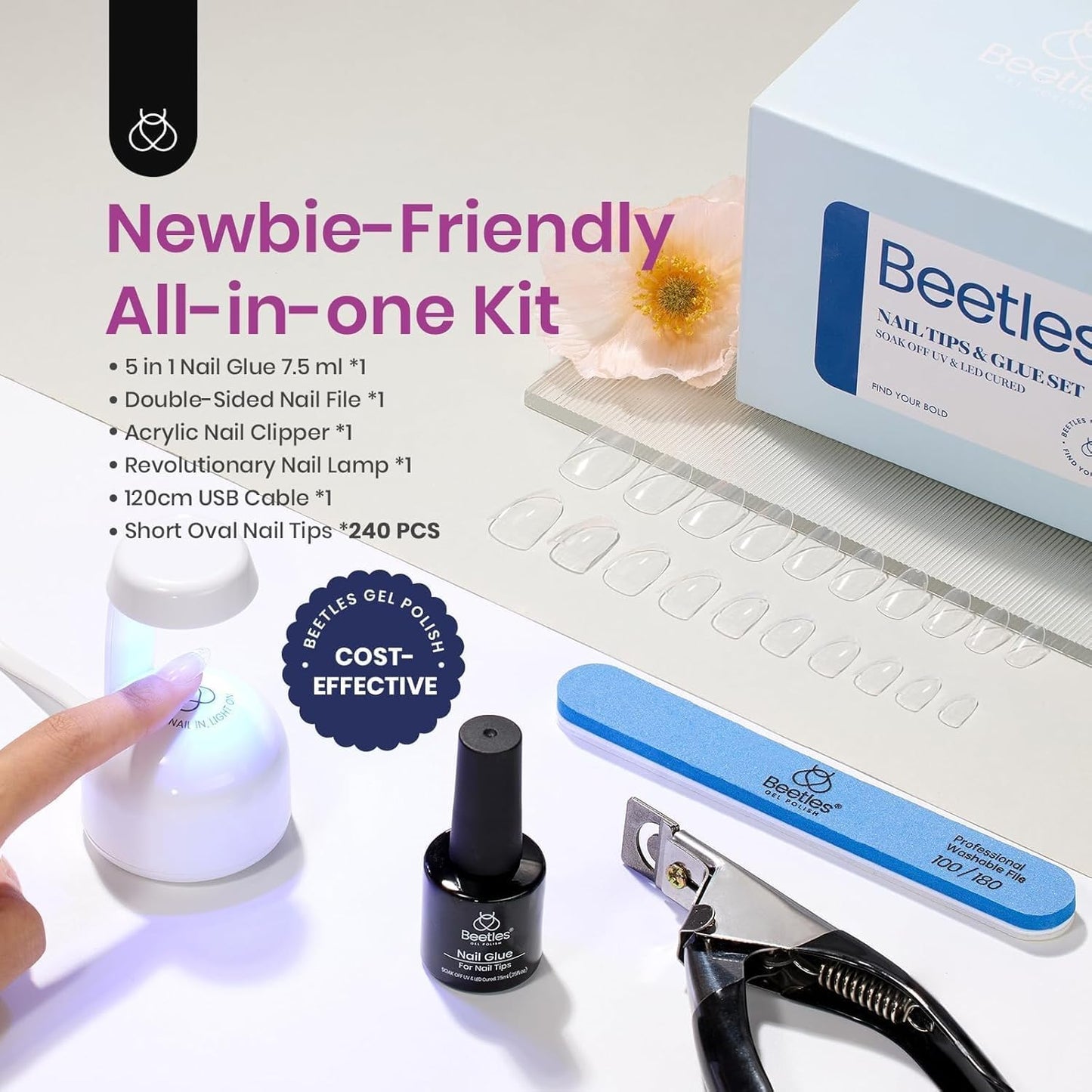 Beetles Gel Nail Extension Kit Almond Shape, Easy 9 in 1 Glue Uv Led Set Etch X Nail Tips Short Almond Half Matte Tips, Gift for Women & Girls, 504 pcs