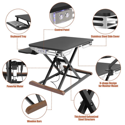 Electric Standing Desk Converter with Keyboard Tray, 26x16 Inch, Height Adjustable Sit to Stand Desk Riser with Unique Side Cover and Wooden Feet, Small Motorized Monitor Riser for Office & Home