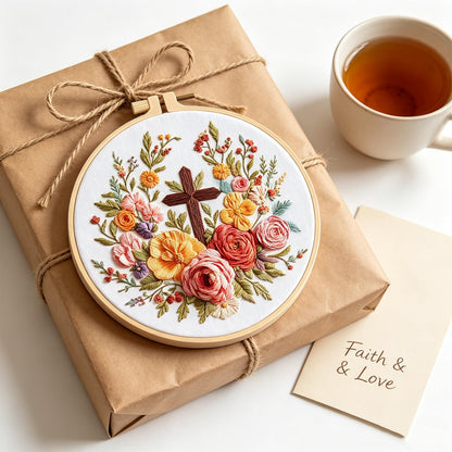 ZGEZGE Cross and Flower Embroidery Beginner Kit – Christian Embroidery, Includes Embroidery Hoop, pre-Printed Cotton Fabric, Scissors, Threader, and unraveler – Easter Gifts and Home Decor