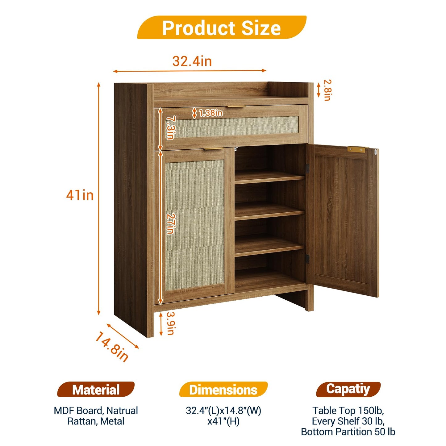 Garvee Boho Shoe Cabinet, 32 in Rattan Shoe Organizer with Doors and Drawer, Coffee Bar Cabinet with Adjustable Shelf, Wooden Accent Console Table for Entryway/Living Room/Closet/Entryway(Brown)