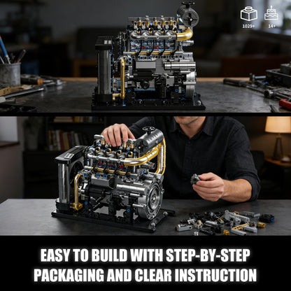 BseSparklion Diesel Engine Model Kit that Runs for Adults, MOC Mini Inline 4-Cylinder Diesel Engine Building Set with Motor, Compatible with Lego, Mechanical Engineering STEM Toy for Teens (1029 PCS)