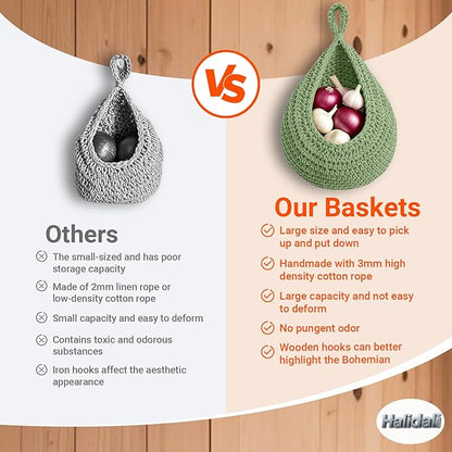 Halidali Hanging Fruit Baskets for Kitchen, 3 Pack Boho Cotton Rope Handwoven