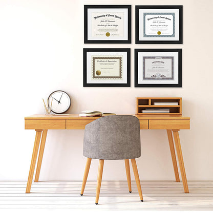 Americanflat 11x14 Diploma Frame with Shatter-Resistant Glass - Set of 4 - Use as 8.5x11 Frame with Mat or Display 11x14 Documents Without Mat - Certificate Frames with Engineered Wood - Black