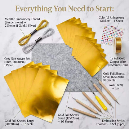 NYXODRON 15 Pieces Gold Embossing Foil Sheets, 11.57 x 9.76 Inch Metal Foil Art Kit and Embossing Kit for Crafting, Metallic Foil Craft Paper with Working Pad - Shimmering Gold Finish