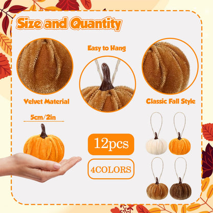 12 Pcs Velvet Pumpkins Fall Thanksgiving Pumpkins Hanging Ornaments Fall Tree Decorations Orange White Brown Velvet Wrapped Pumpkin Ball Decor with Hemp Rope for Thanksgiving Party Tree Farmhouse (A)