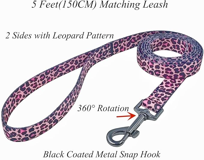 Dog Collar Leash Set, Leopard Pattern, Polyester Material, Adjustable Collar and 5ft Matching Leash, for Puppy Dogs.(XS, Colorful Leopard)