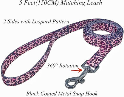 Dog Collar Leash Set, Leopard Pattern, Polyester Material, Adjustable Collar and 5ft Matching Leash, for Puppy Dogs.(XS, Colorful Leopard)