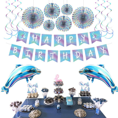 Dolphin Party Decorations Kit - Blue Ocean Theme Birthday Supplies with Balloons, Banner, Cupcake Toppers & Paper Fans for Kids and Adults