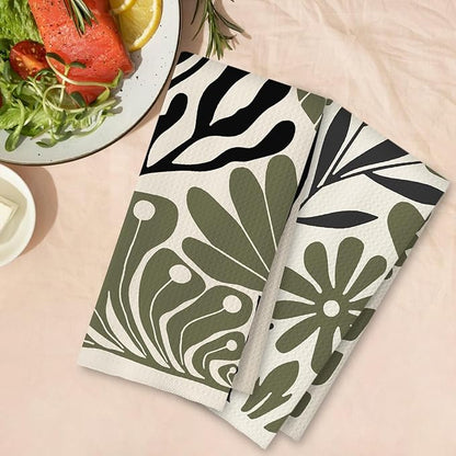 Abstract Green and Black Boho Floral Kitchen Towels Set of 2, 70s Retro Groovy