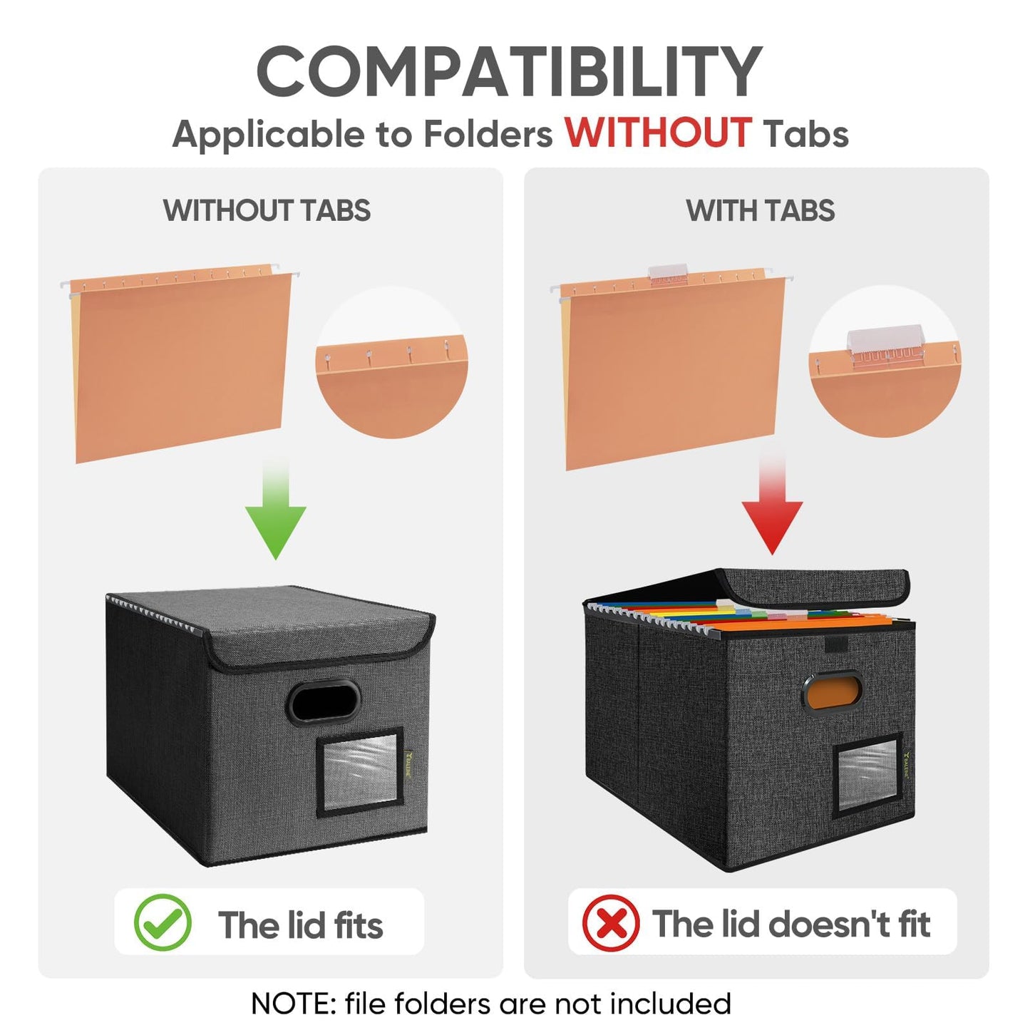 BALEINE File Organizer Box with Lid, Collapsible File Folder Organizer with Plastic Slide, Hanging File Folder Box for Office Document Storage (2 Pack, Black)