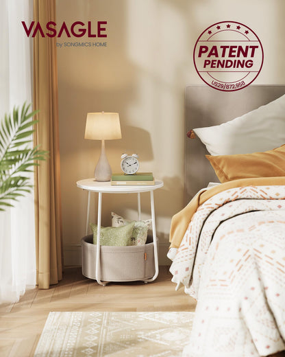 VASAGLE LILEA Collection - Small Round Side End Table, Modern Nightstand with Fabric Basket, Matte White and Camel Brown ULET223W10