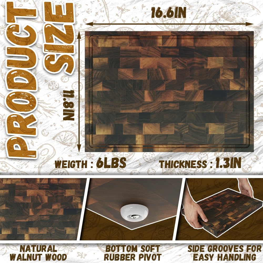 Black Walnut Wood Cutting Board 16.7x12", Heavy Duty Cutting Boards for Kitchen with Juice Groove & Non-slip Feet, Cutting Board for Meat & Veg, Charcuterie Boards, Wooden Trays (Black Walnut)
