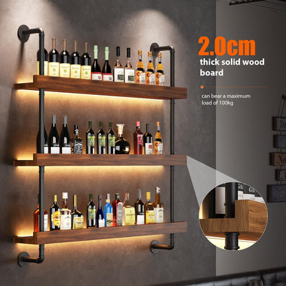Dresgor Large Wine Rack Wall Mounted with LED Light, Solid Wood Bar Shelves Wall Mounted, 3-Tiers Liquor Bottles Floating Shelves Display Storage Organizer for Home Bar, Dining Room (47.2 inch)