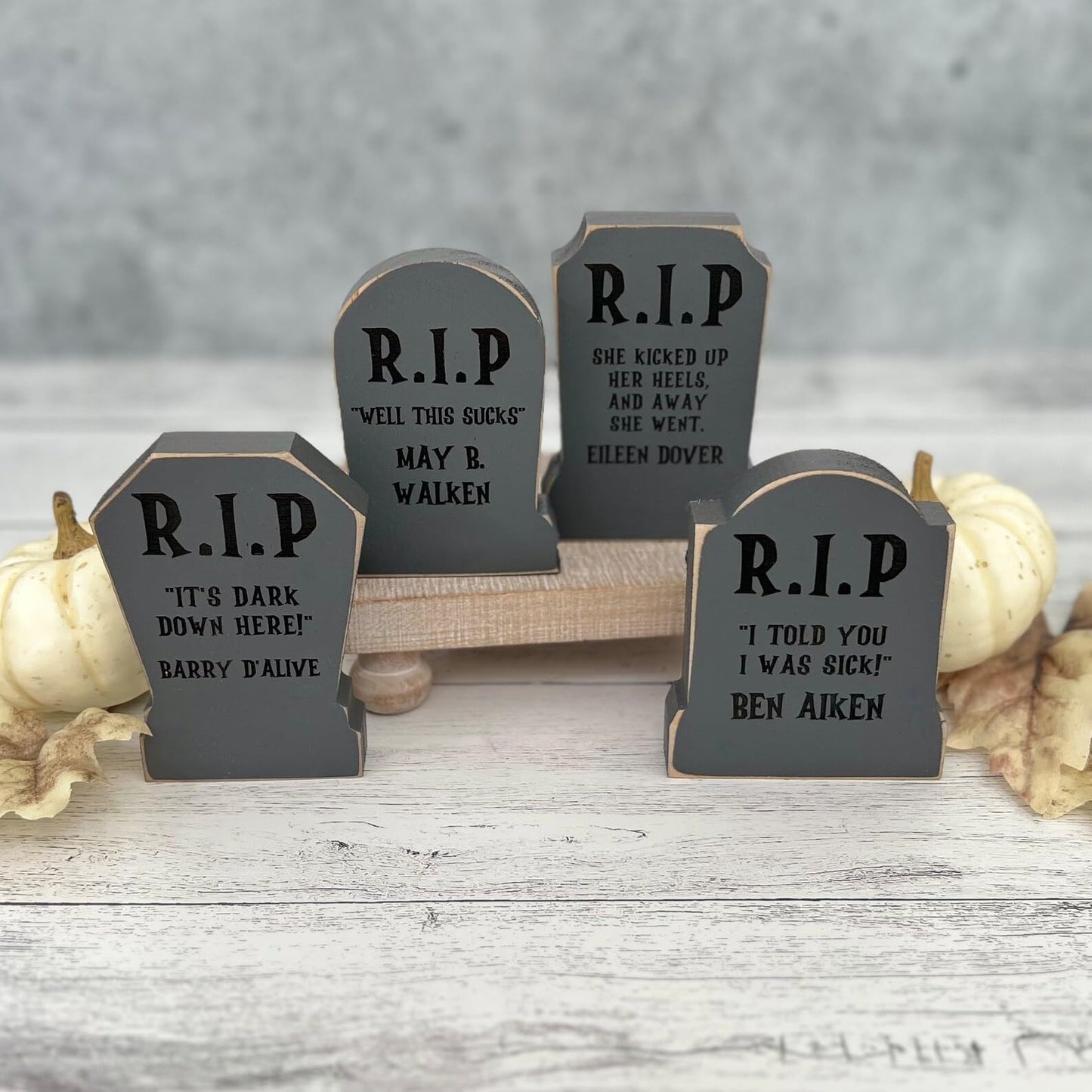 Wooden Funny Tombstone Shelf Sitter, Chunky Wooden Gravestone, Halloween Tiered Tray Decor, Halloween Mantel Decor, Halloween Table Decor (Eileen Dover)