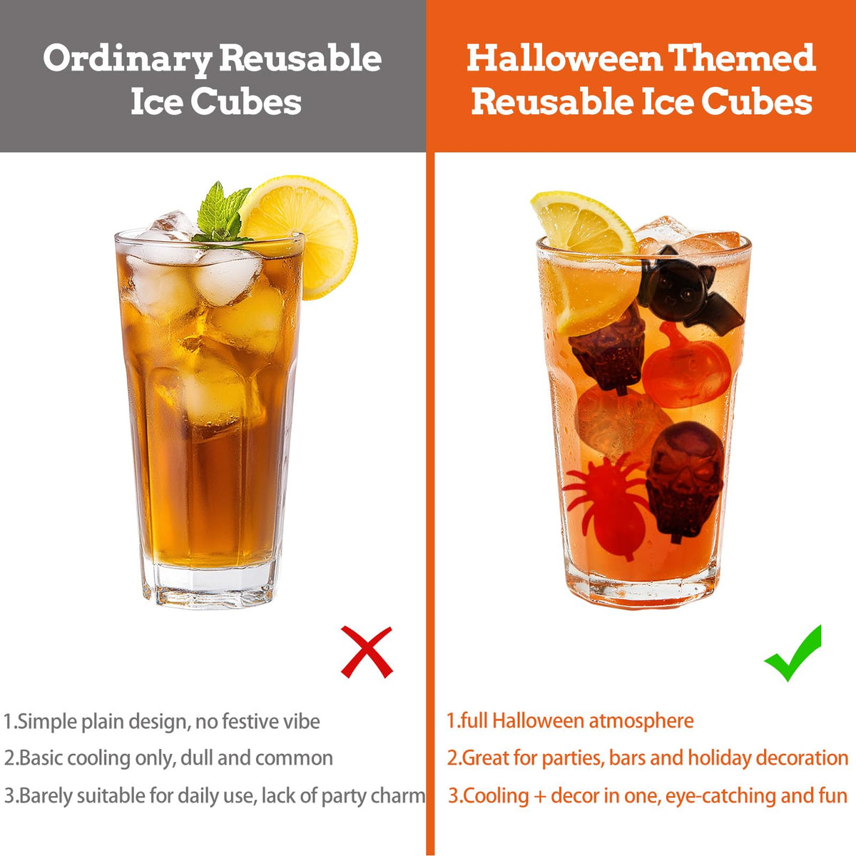 Tngan Halloween Reusable Ice Cubes for Drinks, 300 Pack Shaped Plastic Ice Cubes for Decor, Refreezable Ice Cubes Non-melting for Halloween Party, Bar, Home Celebration BPA Free